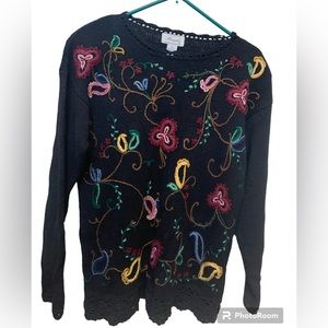 Vintage Margules size small cottagecore floral embroidered black sweater